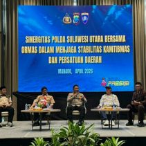 Polda Sulawesi Utara melalui Direktorat Binmas menggelar kegiatan tatap muka bersama pimpinan dan perwakilan Organisasi Kemasyarakatan (Ormas) se-Sulawesi Utara pada Selasa, 28 April 2026 di Luwansa Hotel Manado.